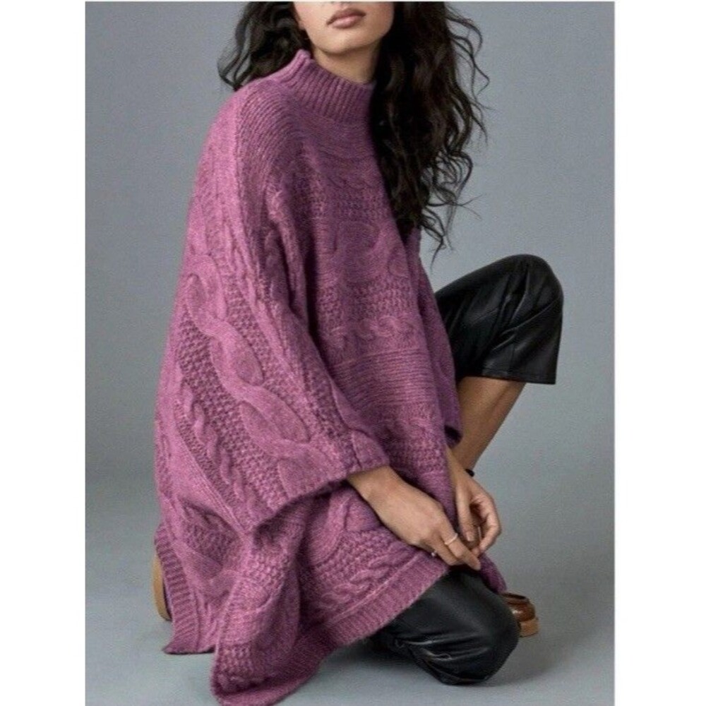 Anthropologie Rosamund Cable Knit Poncho Sweater Pink M/L